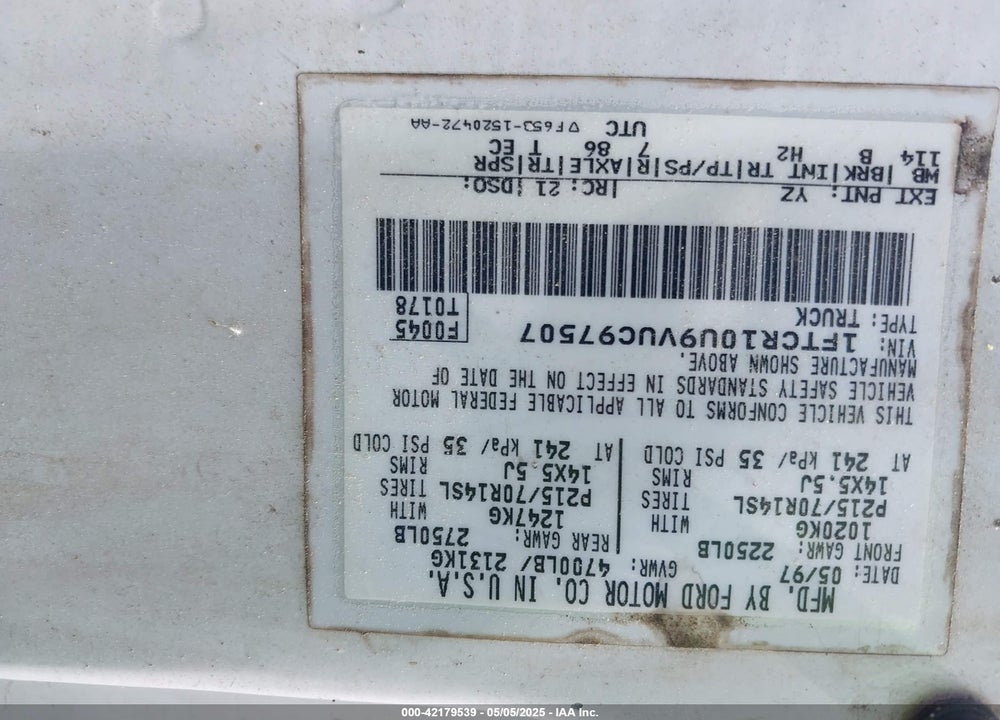 1997 FORD RANGER SPLASH/XL/XLT VIN: 1FTCR10U9VUC97507