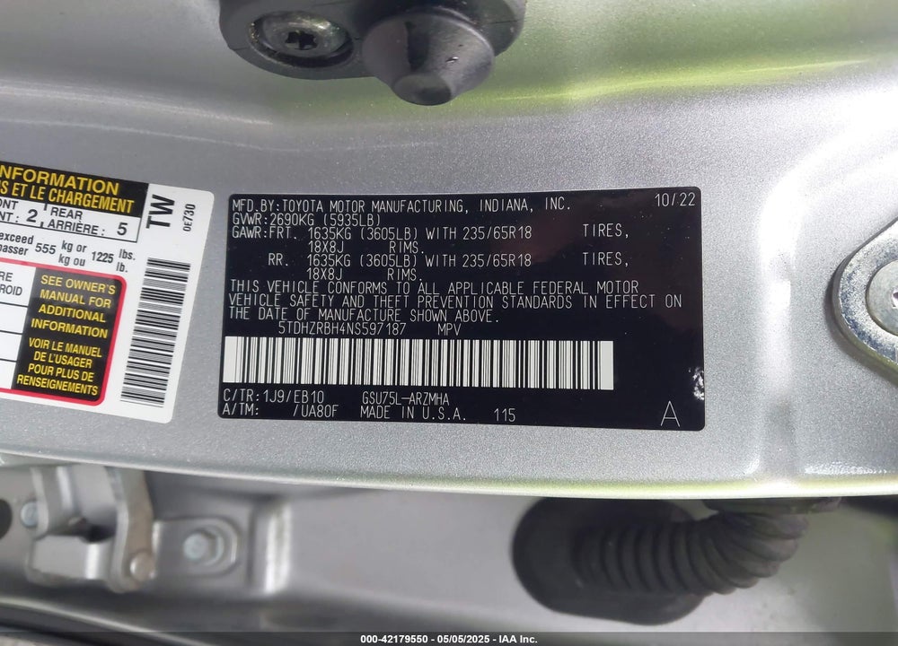 2022 TOYOTA HIGHLANDER VIN: 5TDHZRBH4NS597187