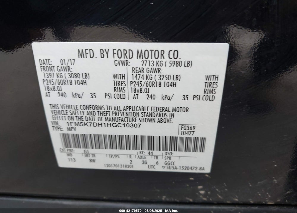 2017 FORD EXPLORER XLT VIN: 1FM5K7DH1HGC10307