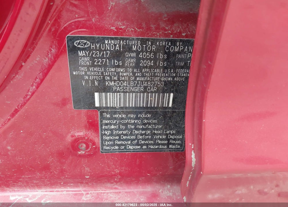 2018 HYUNDAI ELANTRA VIN: KMHD04LB7JU482753