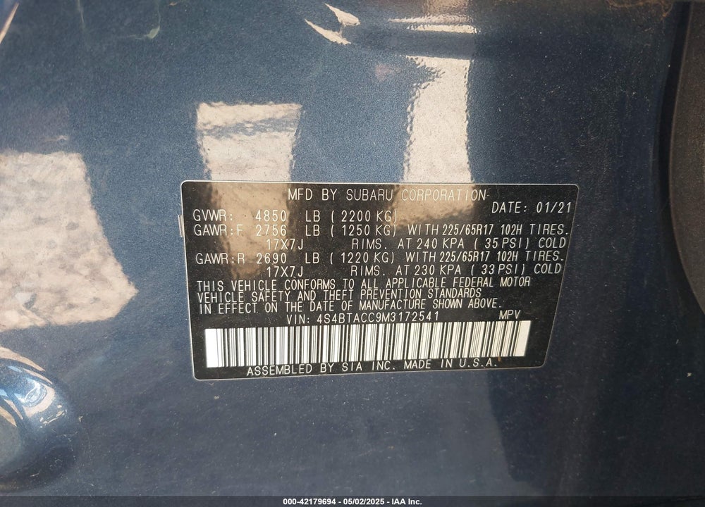 2021 SUBARU OUTBACK VIN: 4S4BTACC9M3172541