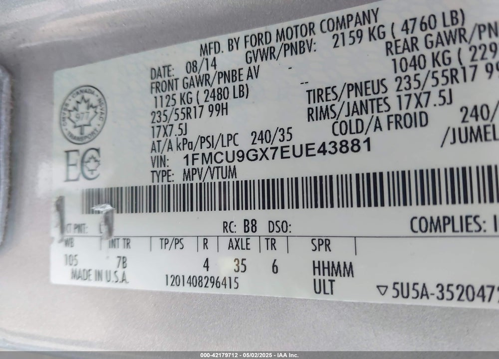 2014 FORD ESCAPE VIN: 1FMCU9GX7EUE43881