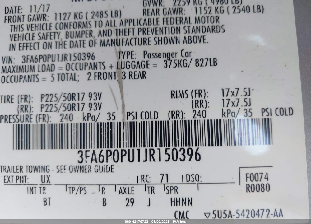 2018 FORD FUSION ENERGI SE LUXURY VIN: 3FA6P0PU1JR150396