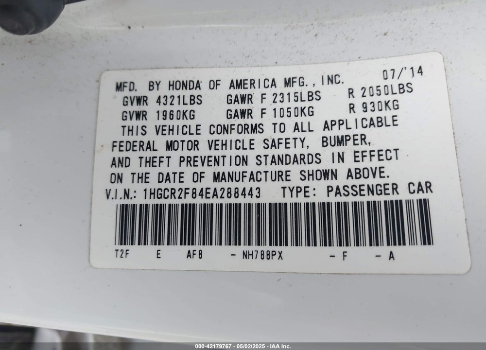2014 HONDA ACCORD EX-L VIN: 1HGCR2F84EA288443