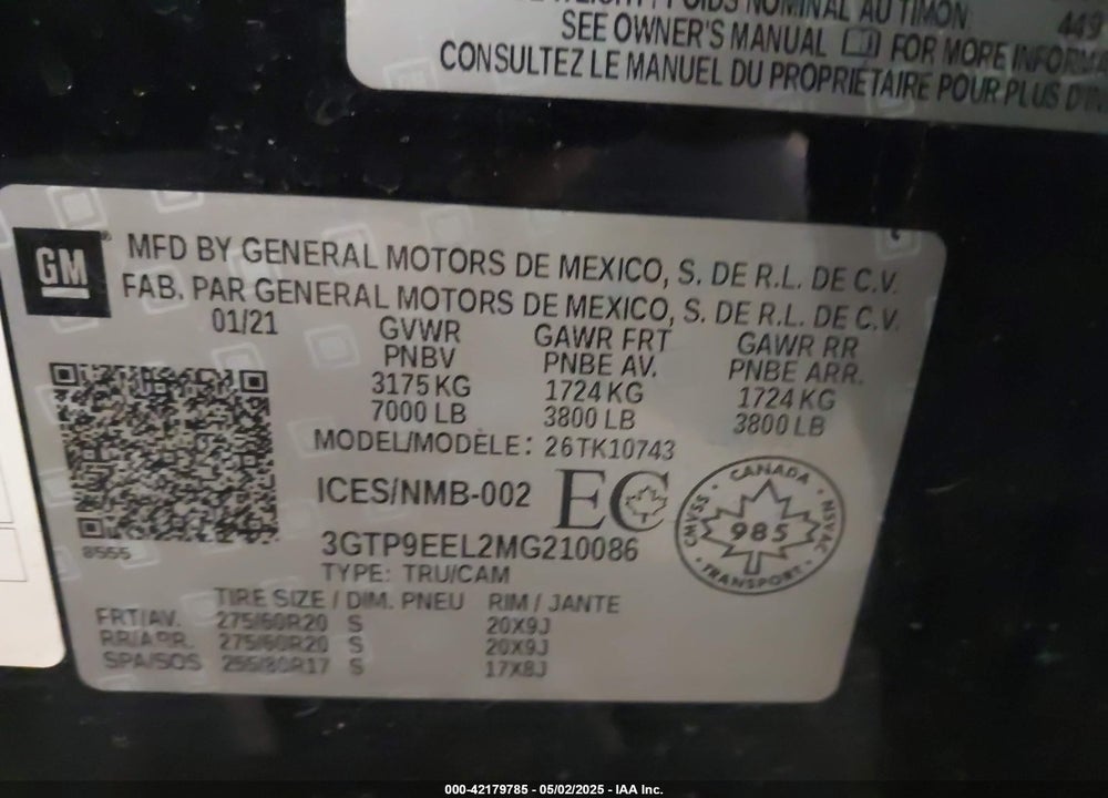 2021 GMC SIERRA 1500 VIN: 3GTP9EEL2MG210086
