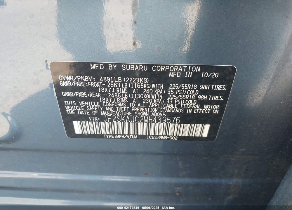 2021 SUBARU FORESTER LIMITED VIN: JF2SKAUC2MH439576