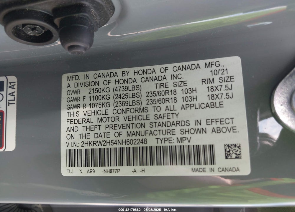 2022 HONDA CR-V AWD EX VIN: 2HKRW2H54NH602248