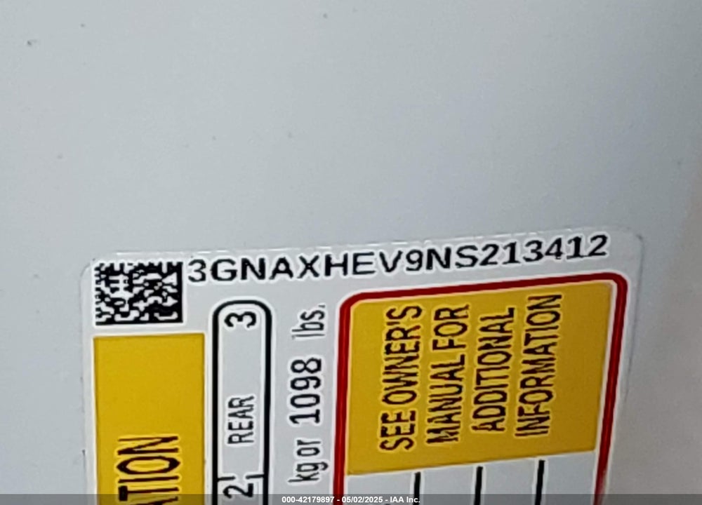 2022 CHEVROLET EQUINOX VIN: 3GNAXHEV9NS213412