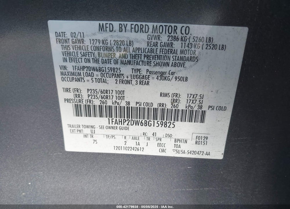 2011 FORD TAURUS VIN: 1FAHP2DW6BG159825