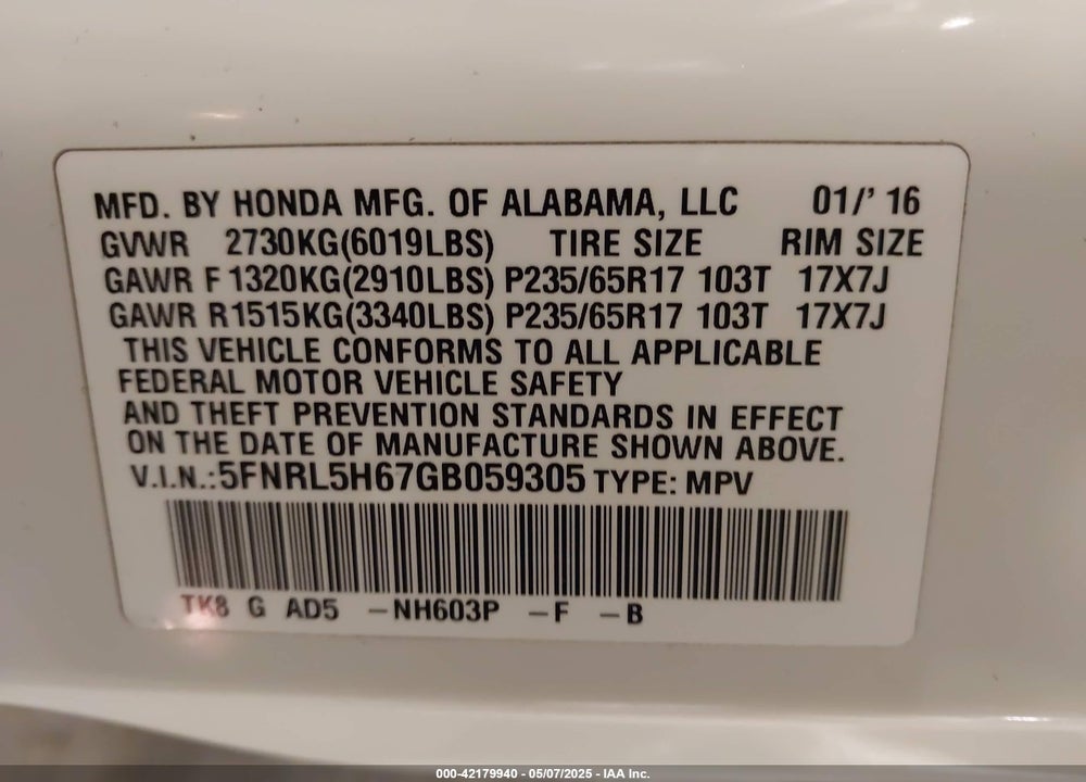 2016 HONDA ODYSSEY VIN: 5FNRL5H67GB059305