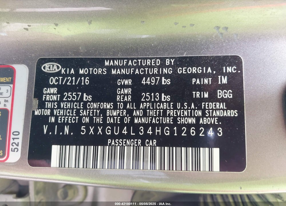 2017 KIA OPTIMA EX VIN: 5XXGU4L34HG126243