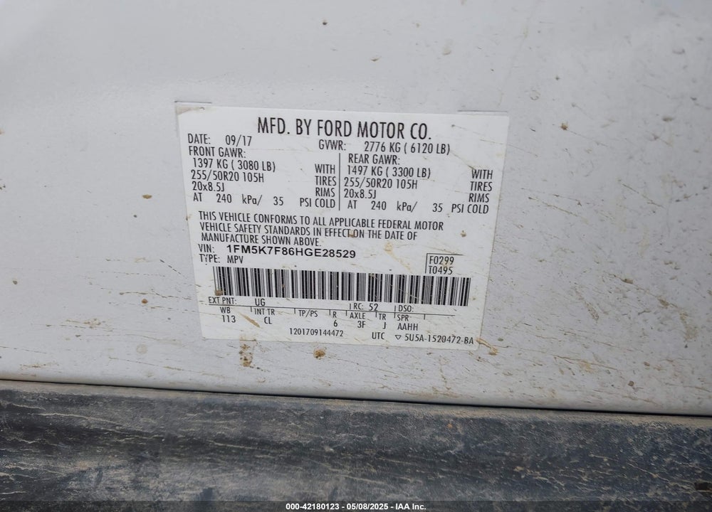 2017 FORD EXPLORER LIMITED VIN: 1FM5K7F86HGE28529