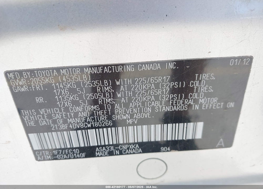 2012 TOYOTA RAV4 VIN: 2T3BF4DV8CW180266
