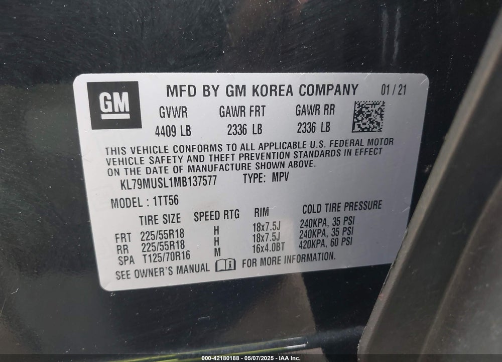 2021 CHEVROLET TRAILBLAZER VIN: KL79MUSL1MB137577