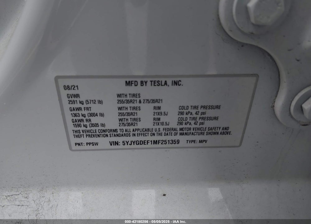 2021 TESLA MODEL Y PERFORMANCE DUAL MOTOR ALL-WHEEL DRIVE VIN: 5YJYGDEF1MF251359