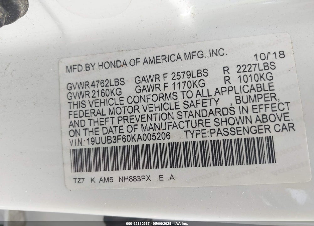2019 ACURA TLX TECH & A-SPEC PKGS VIN: 19UUB3F60KA005206