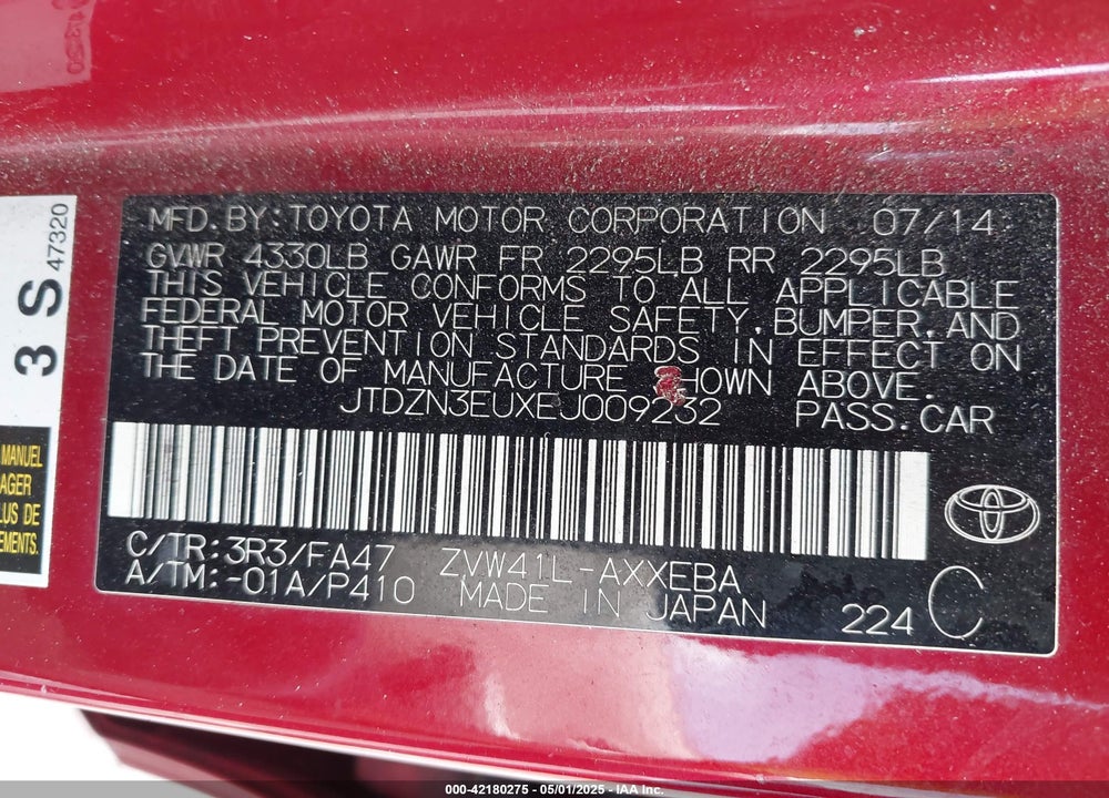 2014 TOYOTA PRIUS V TWO VIN: JTDZN3EUXEJ009232
