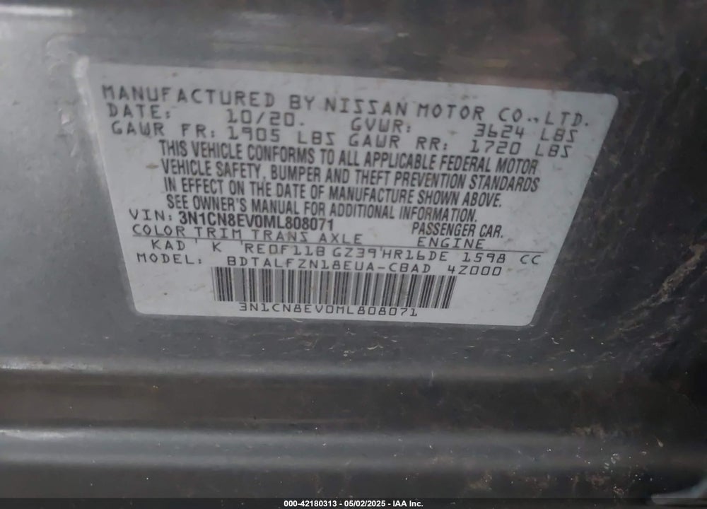 2021 NISSAN VERSA VIN: 3N1CN8EV0ML808071