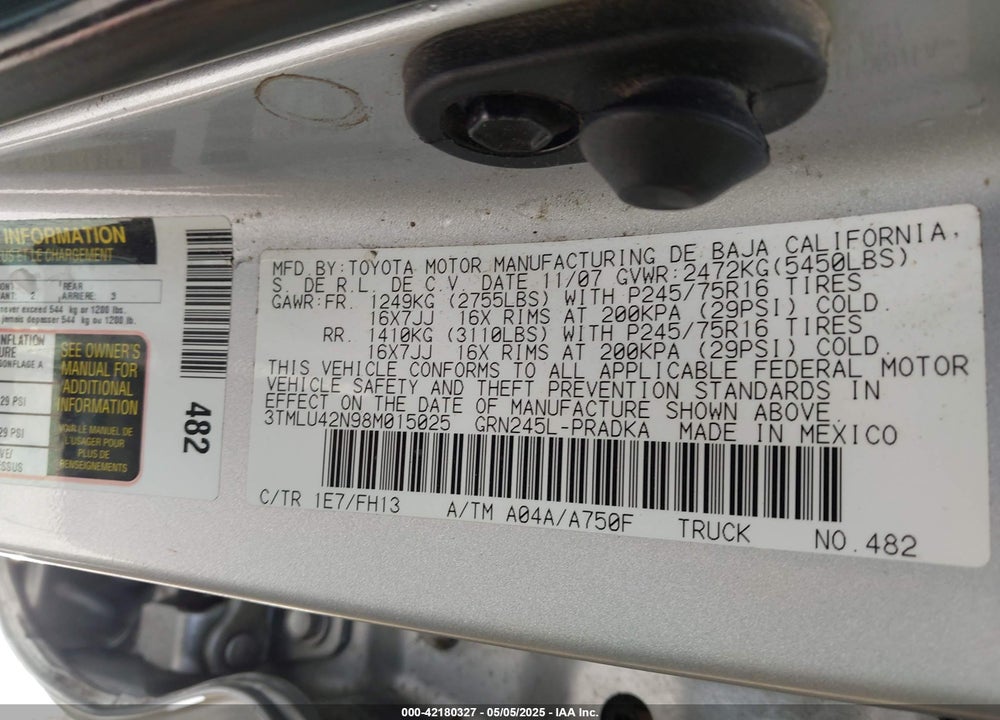 2008 TOYOTA TACOMA BASE V6 VIN: 3TMLU42N98M015025