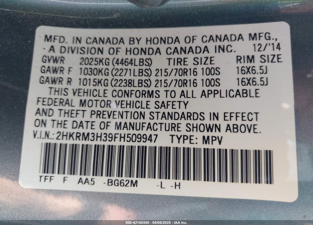 2015 HONDA CR-V VIN: 2HKRM3H39FH509947