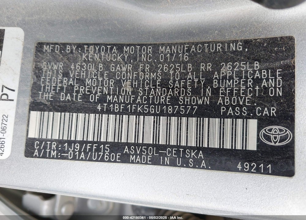 2016 TOYOTA CAMRY SE VIN: 4T1BF1FK5GU187577