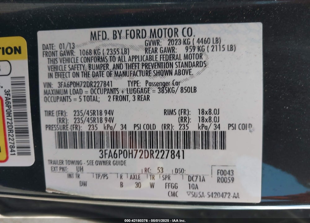 2013 FORD FUSION VIN: 3FA6P0H72DR227841