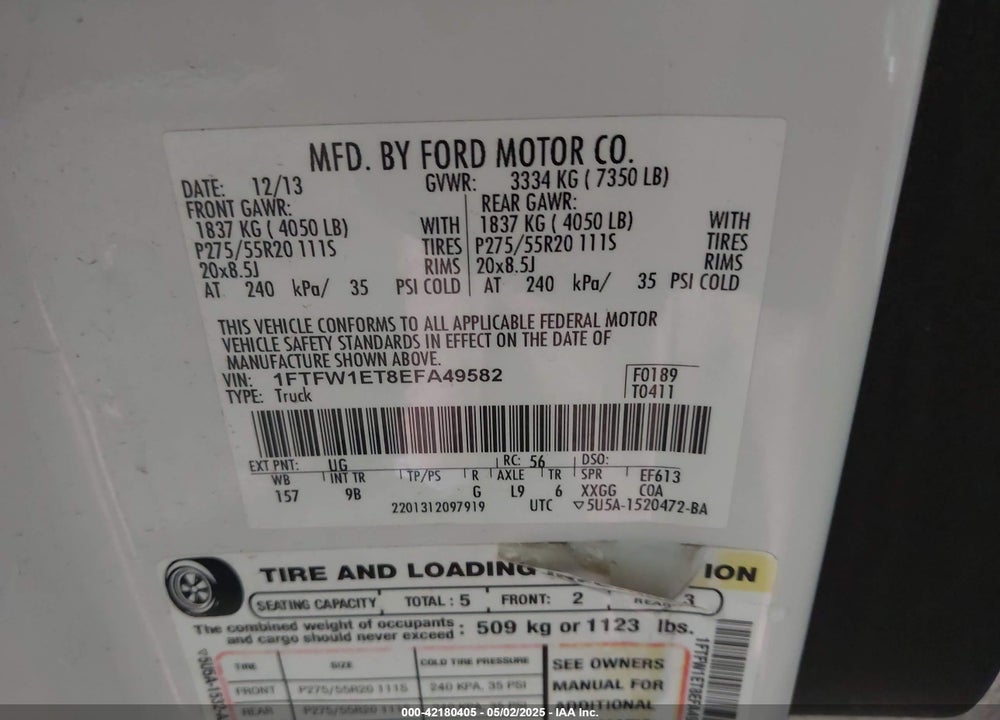 2014 FORD F150 VIN: 1FTFW1ET8EFA49582