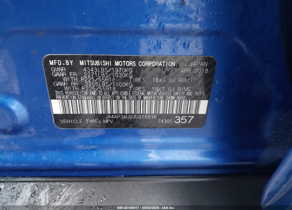 2018 MITSUBISHI OUTLANDER SPORT VIN: JA4AP3AU0JU016836