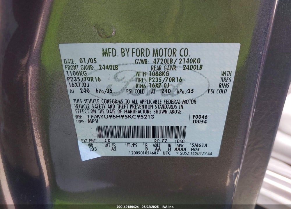 2005 FORD ESCAPE HYBRID VIN: 1FMYU96H95KC95213