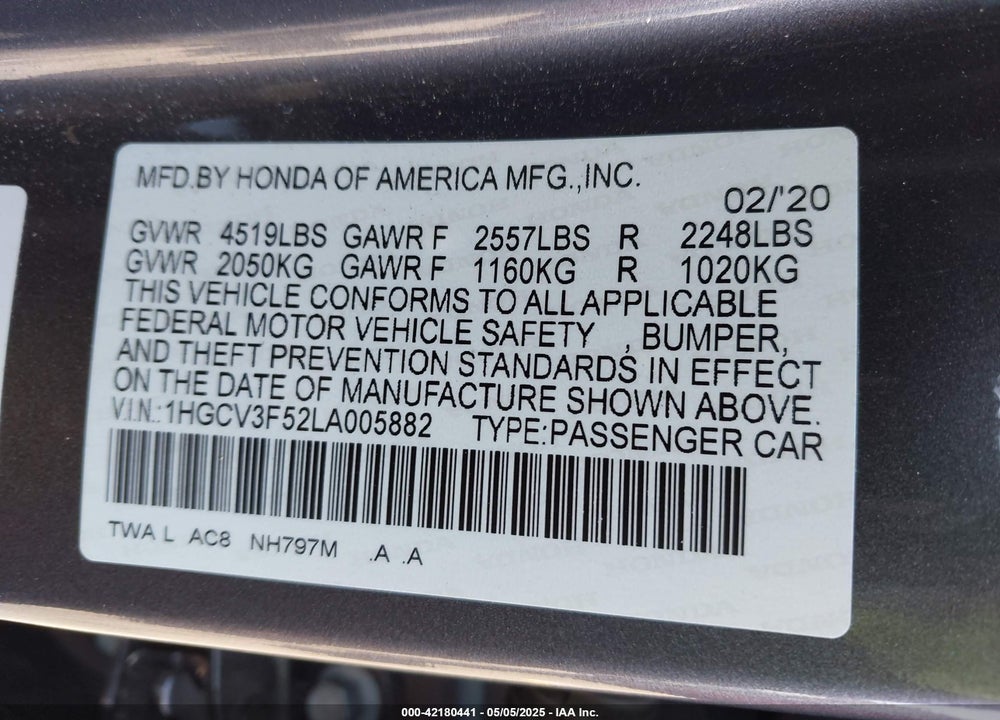 2020 HONDA ACCORD VIN: 1HGCV3F52LA005882