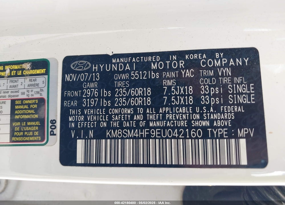 2014 HYUNDAI SANTA FE GLS VIN: KM8SM4HF9EU042160