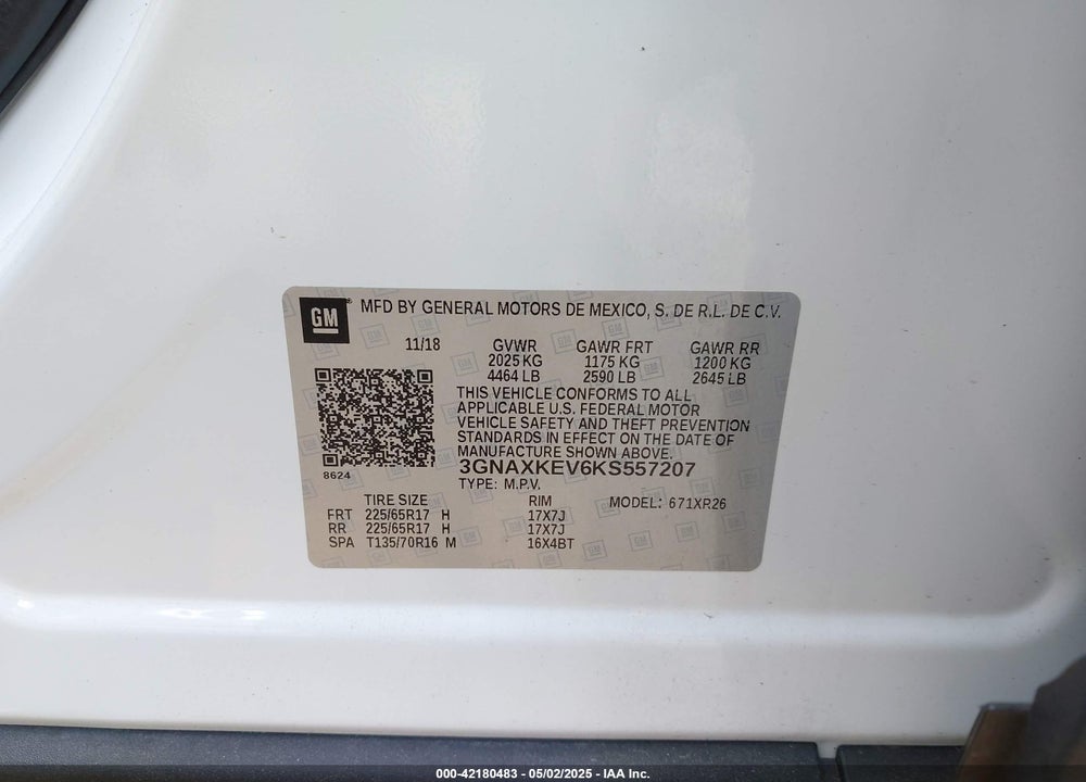 2019 CHEVROLET EQUINOX VIN: 3GNAXKEV6KS557207