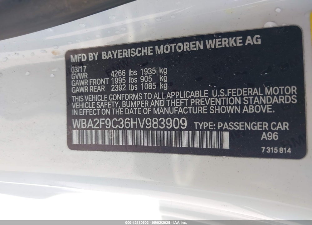 2017 BMW 230I VIN: WBA2F9C36HV983909