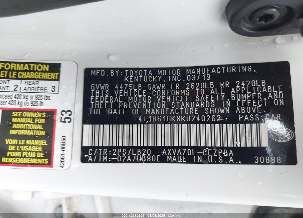 2019 TOYOTA CAMRY VIN: 4T1B61HK8KU240262