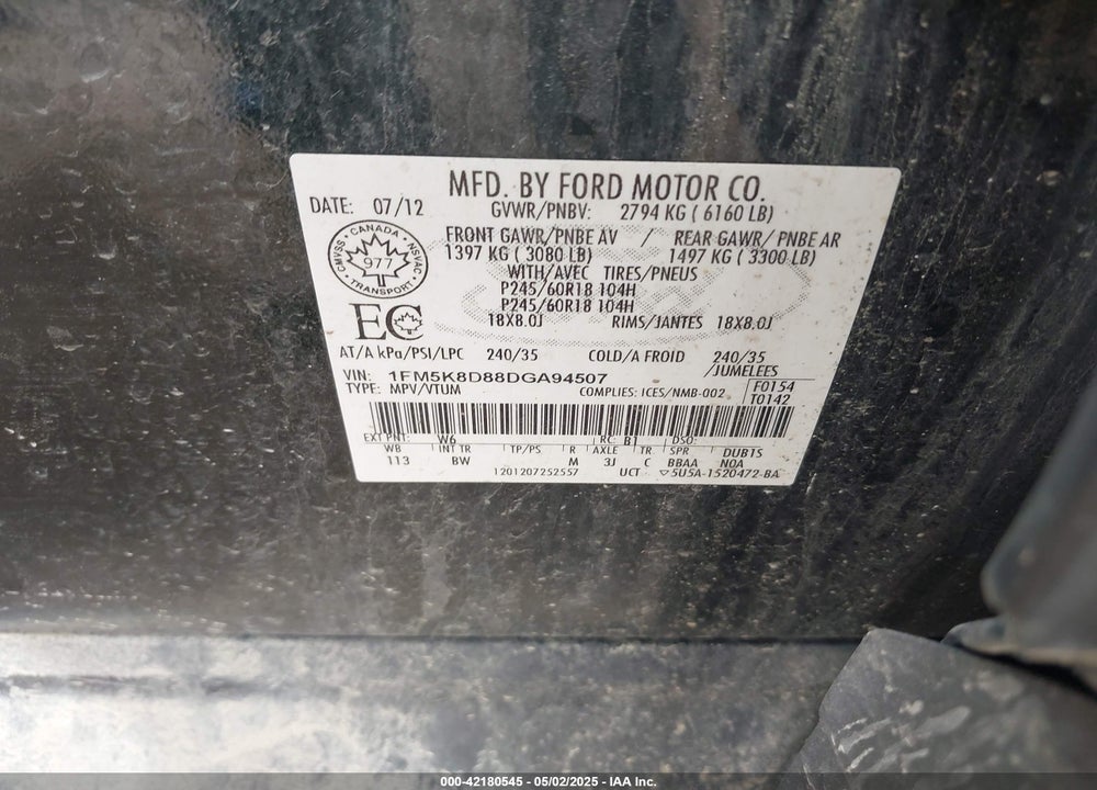 2013 FORD EXPLORER VIN: 1FM5K8D88DGA94507