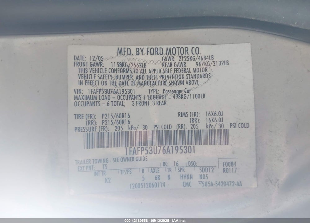2006 FORD TAURUS VIN: 1FAFP53U76A195301