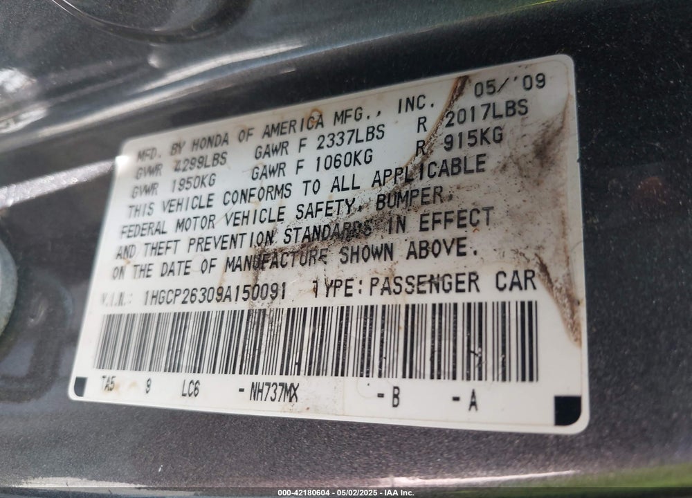 2009 HONDA ACCORD VIN: 1HGCP26309A150091