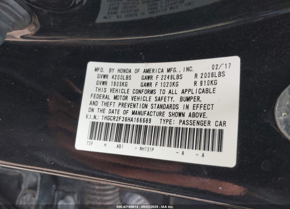 2017 HONDA ACCORD VIN: 1HGCR2F36HA166689