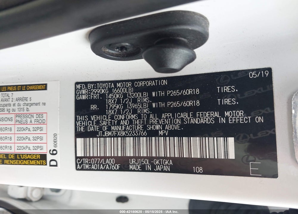 2019 LEXUS GX 460 VIN: JTJBM7FX8K5233766