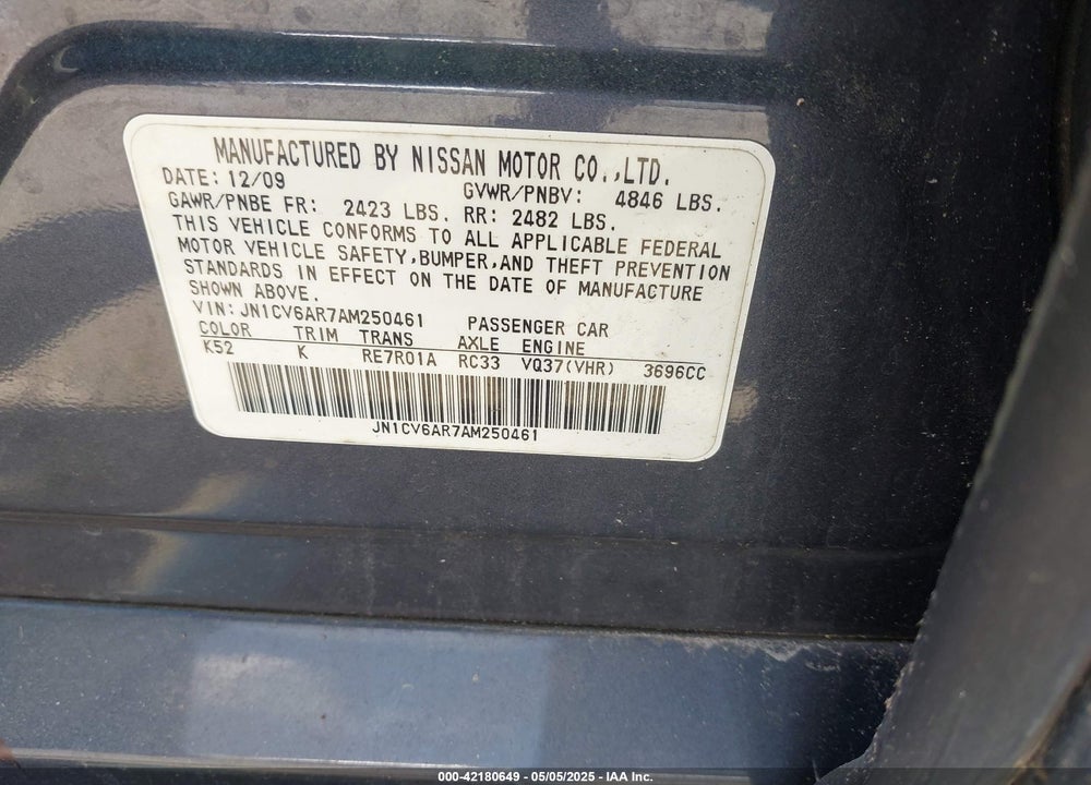 2010 INFINITI G37 VIN: JN1CV6AR7AM250461