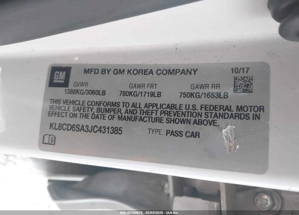 2018 CHEVROLET SPARK VIN: KL8CD6SA3JC431385