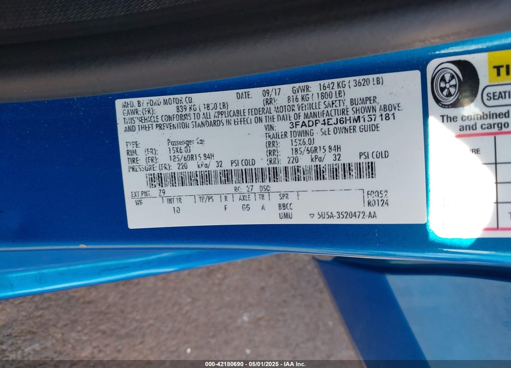 2017 FORD FIESTA VIN: 3FADP4EJ6HM157181