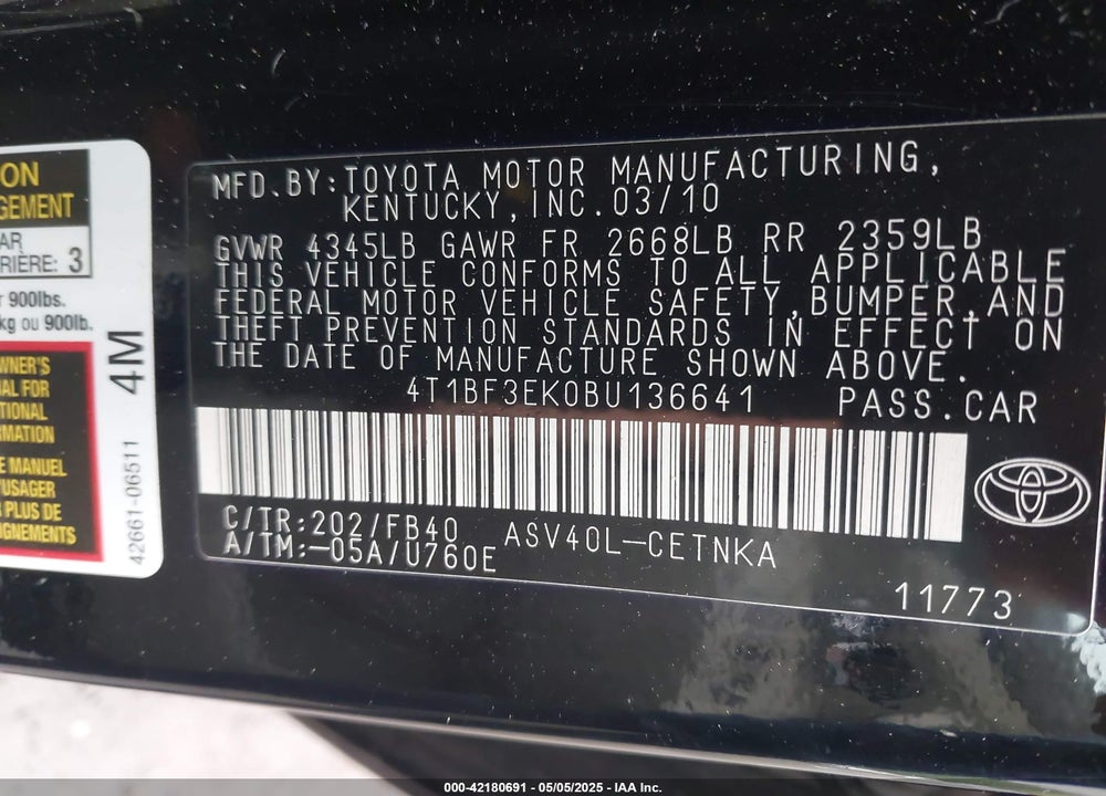 2011 TOYOTA CAMRY LE VIN: 4T1BF3EK0BU136641