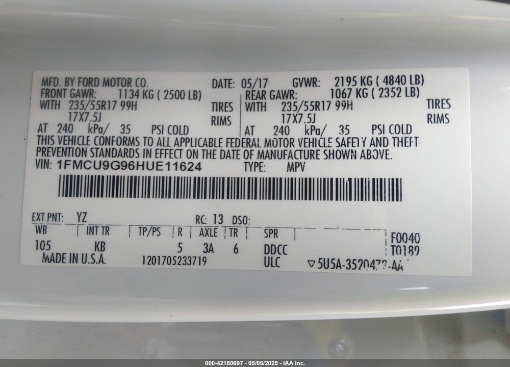 2017 FORD ESCAPE SE VIN: 1FMCU9G96HUE11624