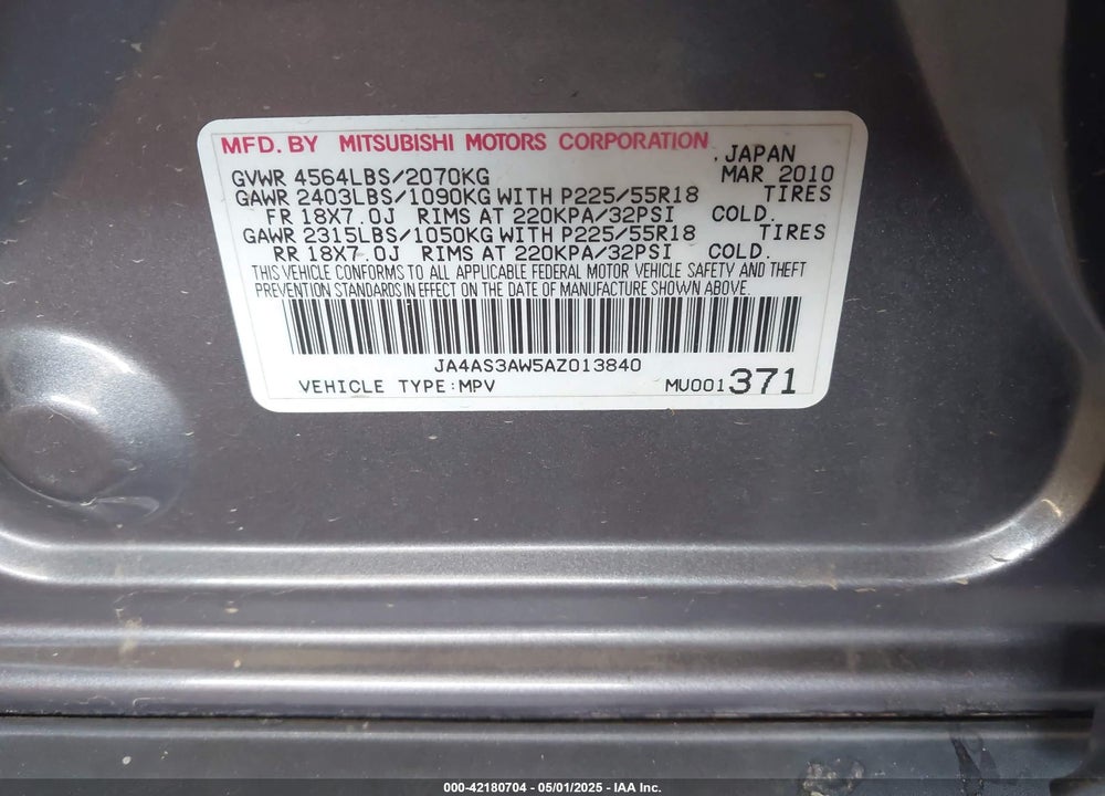 2010 MITSUBISHI OUTLANDER SE VIN: JA4AS3AW5AZ013840