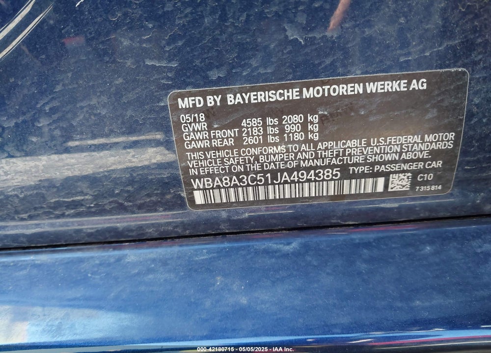 2018 BMW 320I XDRIVE VIN: WBA8A3C51JA494385