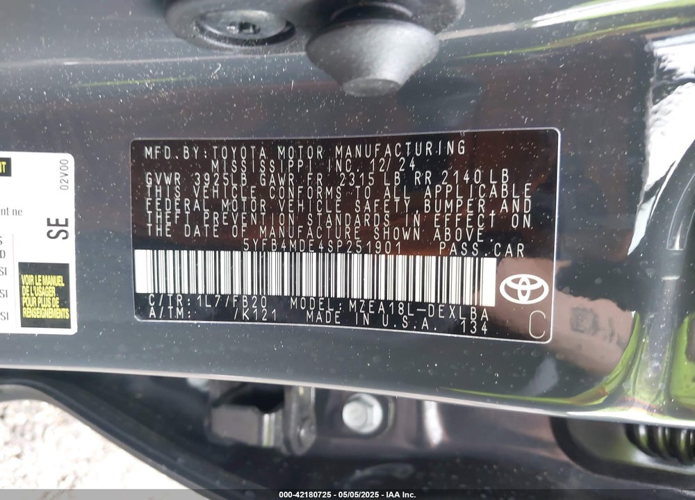 2025 TOYOTA COROLLA VIN: 5YFB4MDE4SP251901
