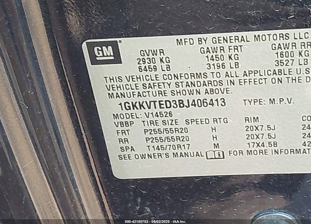 2011 GMC ACADIA DENALI VIN: 1GKKVTED3BJ406413