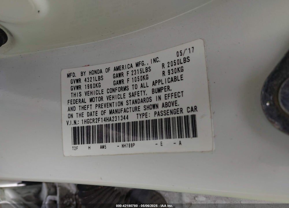 2017 HONDA ACCORD VIN: 1HGCR2F14HA231344