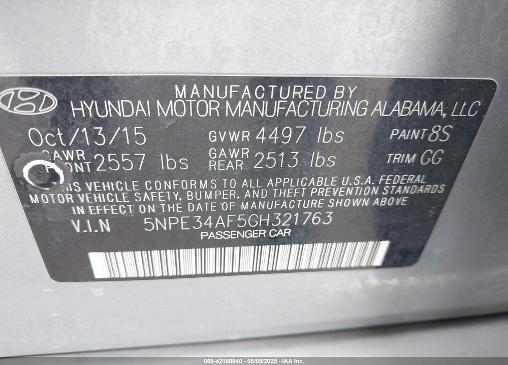 2016 HYUNDAI SONATA SPORT VIN: 5NPE34AF5GH321763